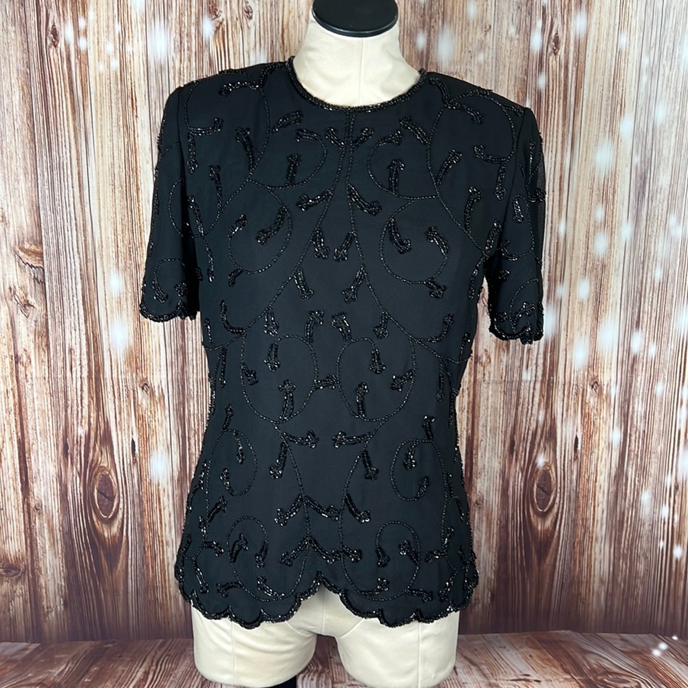 Vintage JMD New York Black Beaded Blouse Top Small